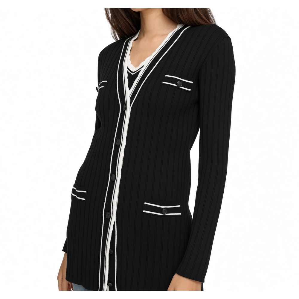 Karl Lagerfeld Cardigan Sweater Women M Longline Ribbed Knit Black White Pockets
